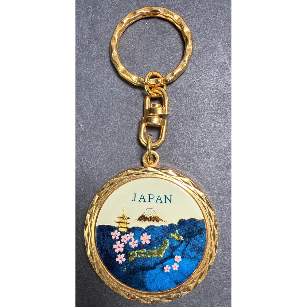 Unbranded Japan Souvenir Keychain Gold Blue Enamel Mt Fuji‎ Map Vintage
